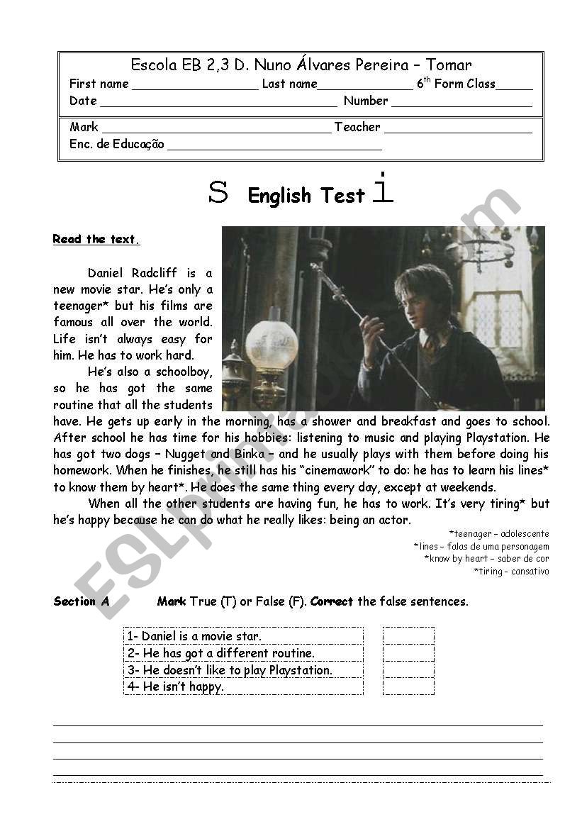 test - Harry Potter worksheet