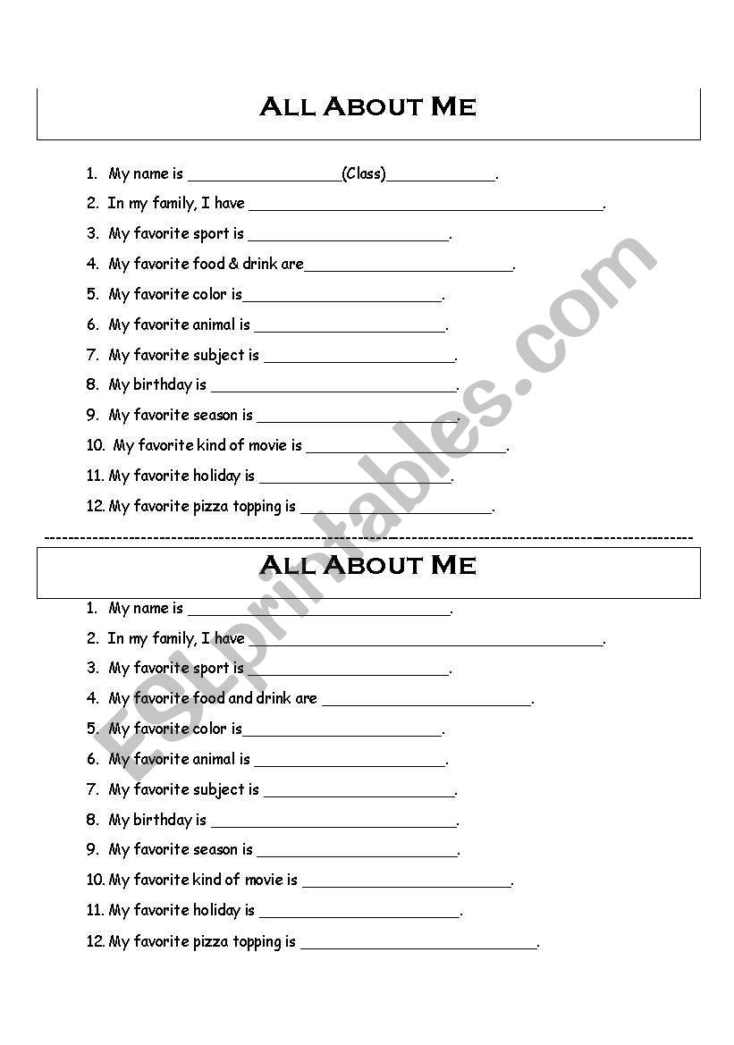 All About Me worksheet