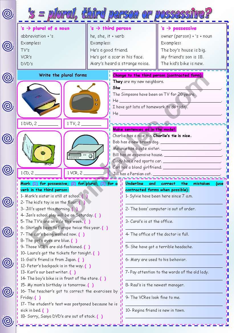 s = plural, third person or possessive? - grammar guide & exercises  ***fully editable