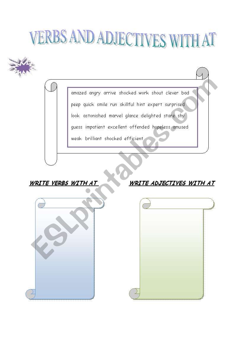 VERBS AND ADJECTIVES WITH  AT worksheet