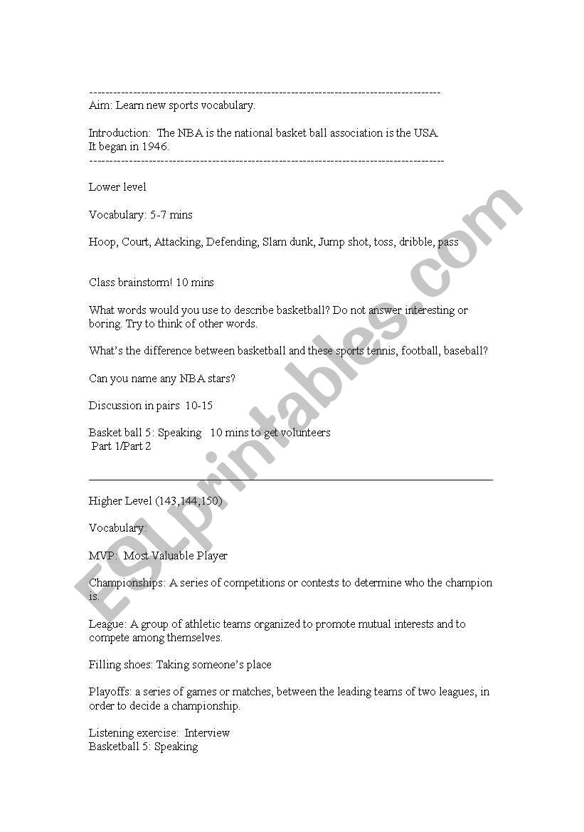 Basket Ball lesson plan worksheet