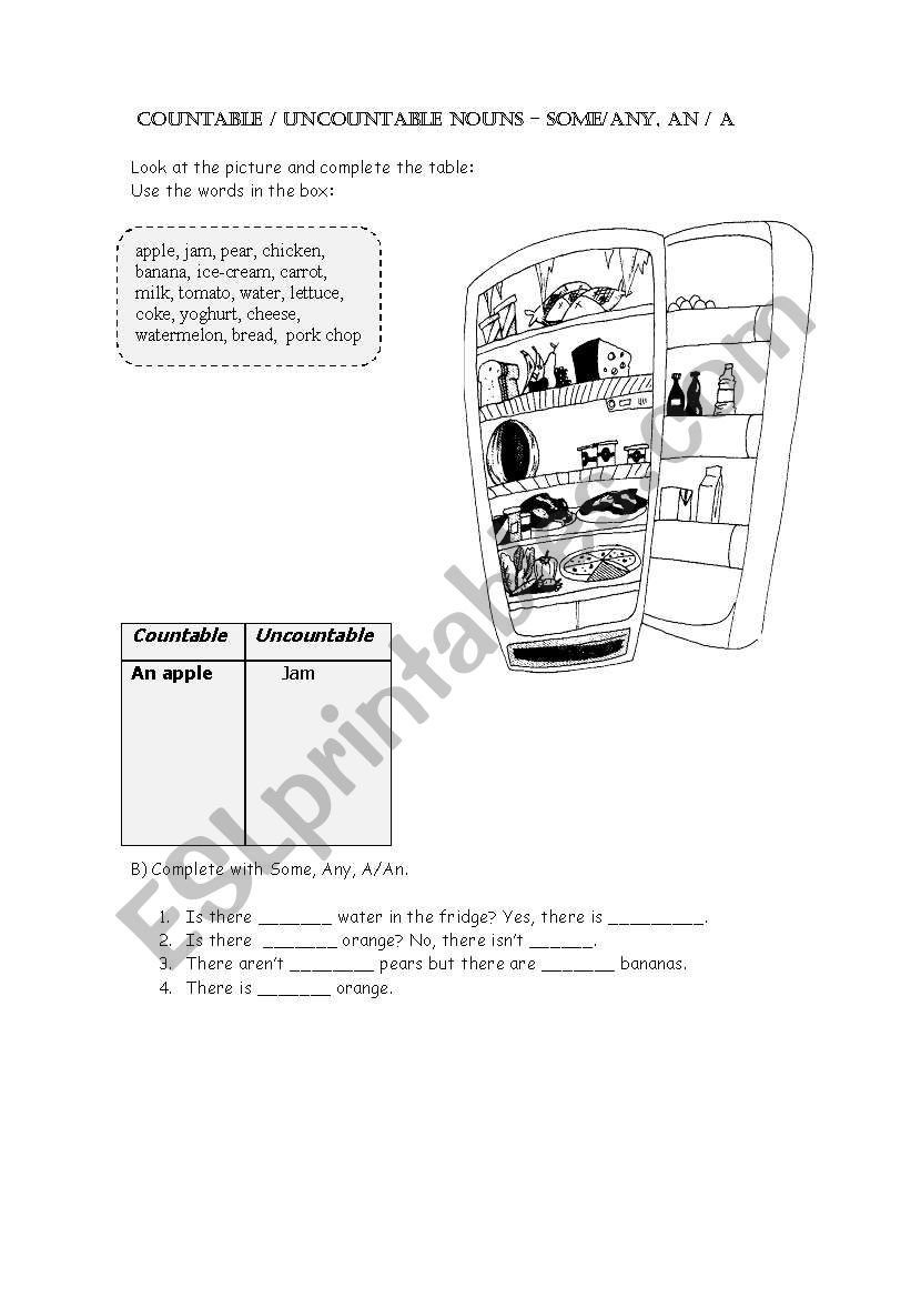 countables/uncountables worksheet