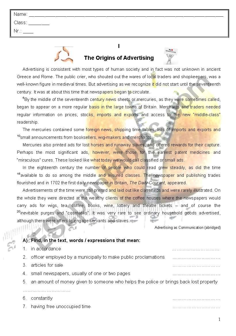The origins of Advertising worksheet
