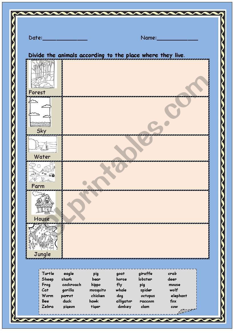 Place where they live worksheet