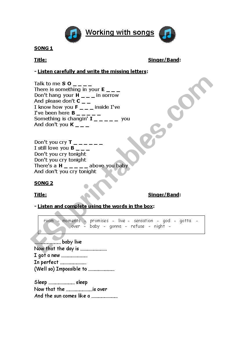 Set of songs worksheet