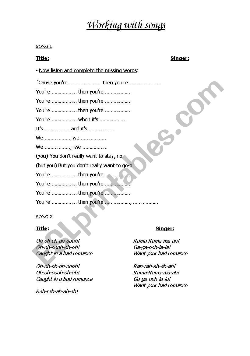 Songs for teenagers worksheet