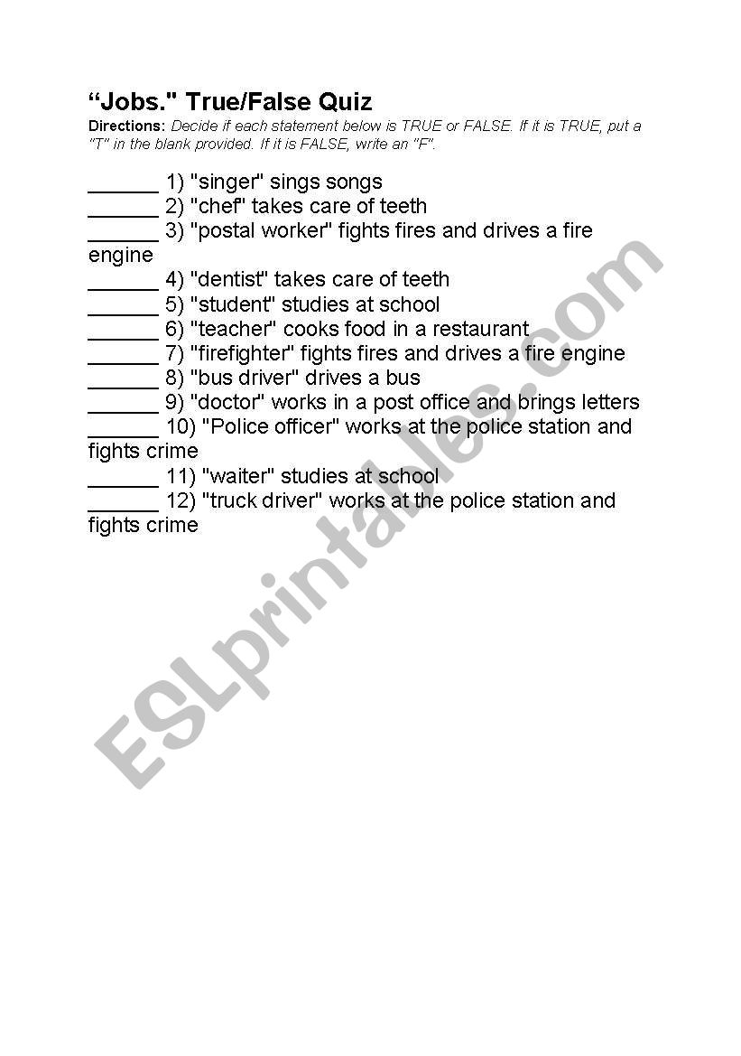 True /false exercise  worksheet