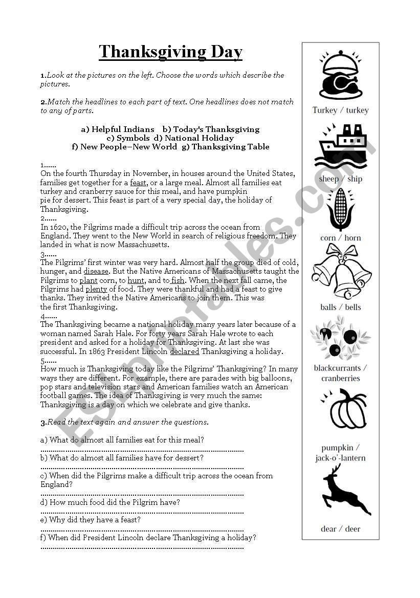 Thanksgiving Reading worksheet