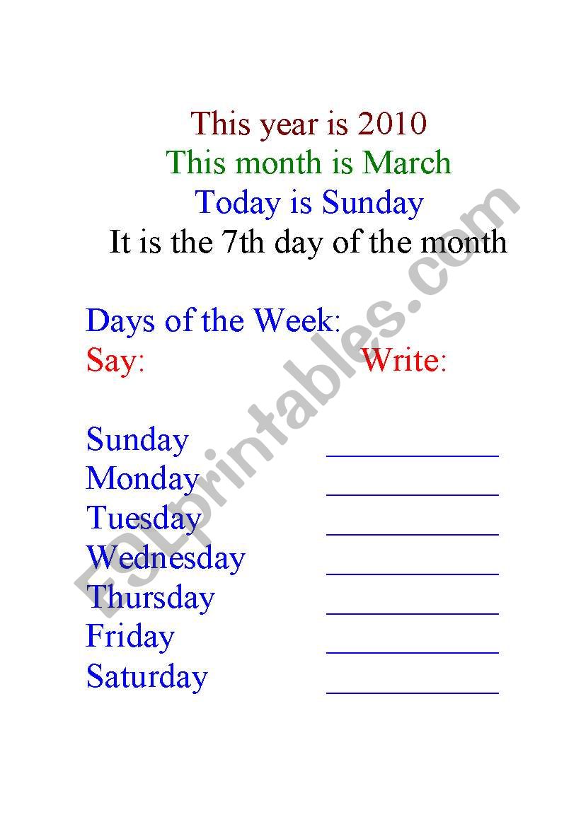 Calender worksheet