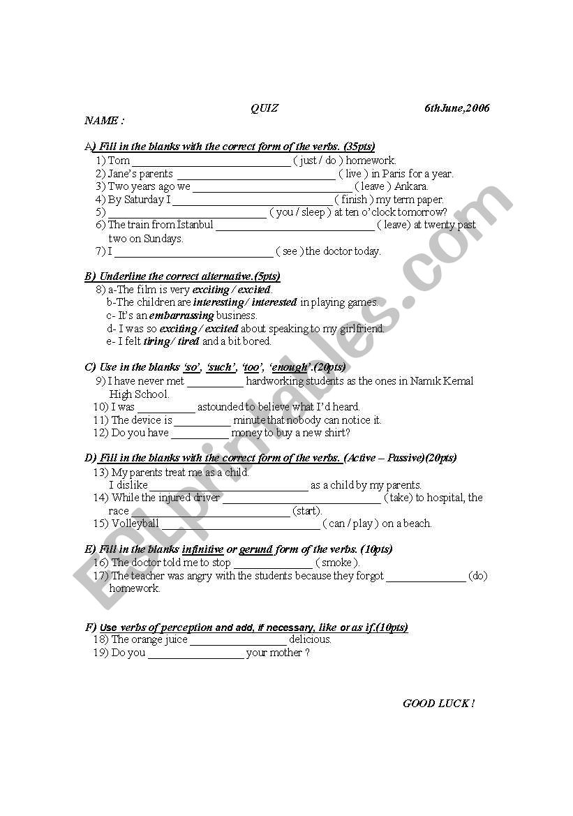 grammar test worksheet