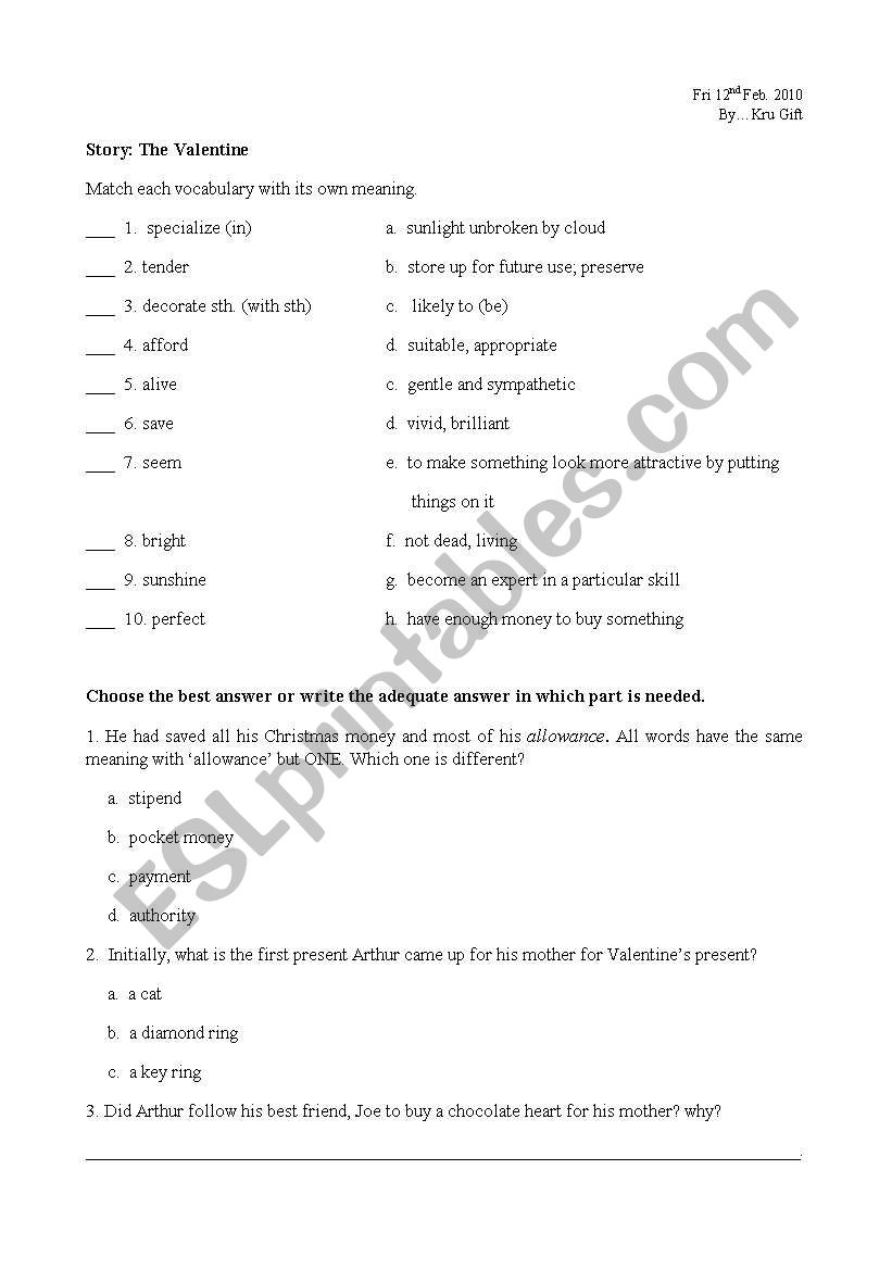 Reading: Valentines Day worksheet