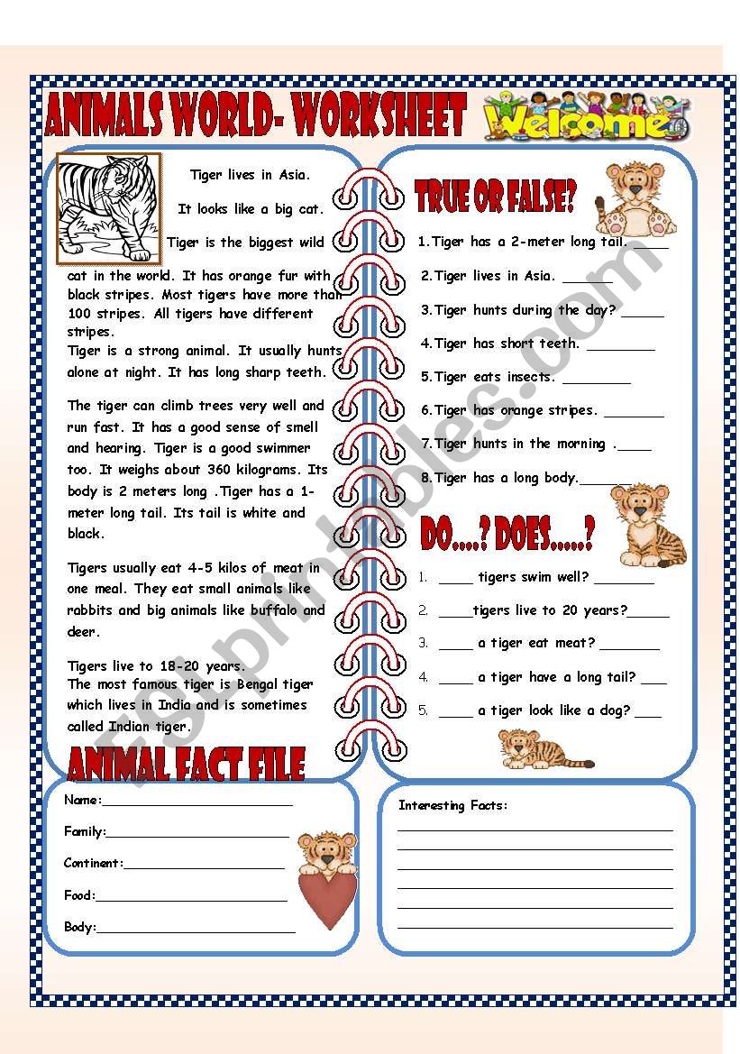 Animals World- ( 4 pages worksheet)
