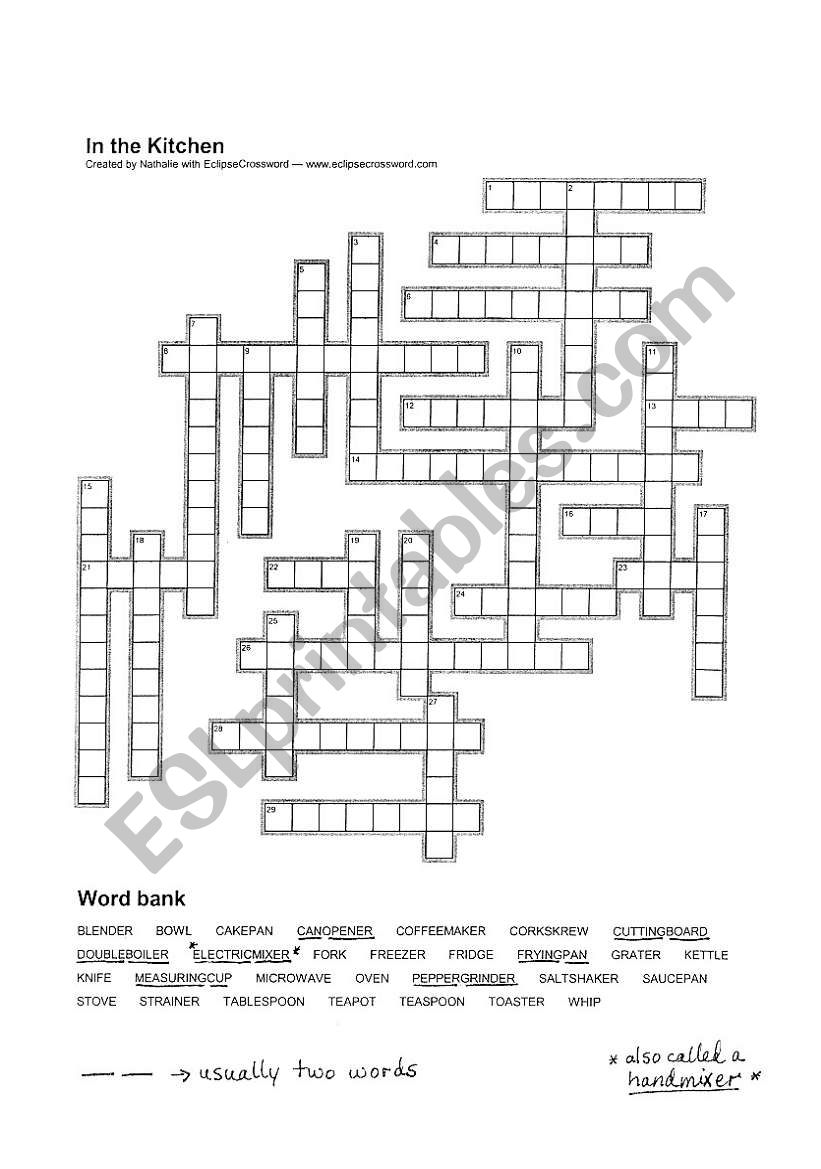 Kitchen eqpt xword  worksheet