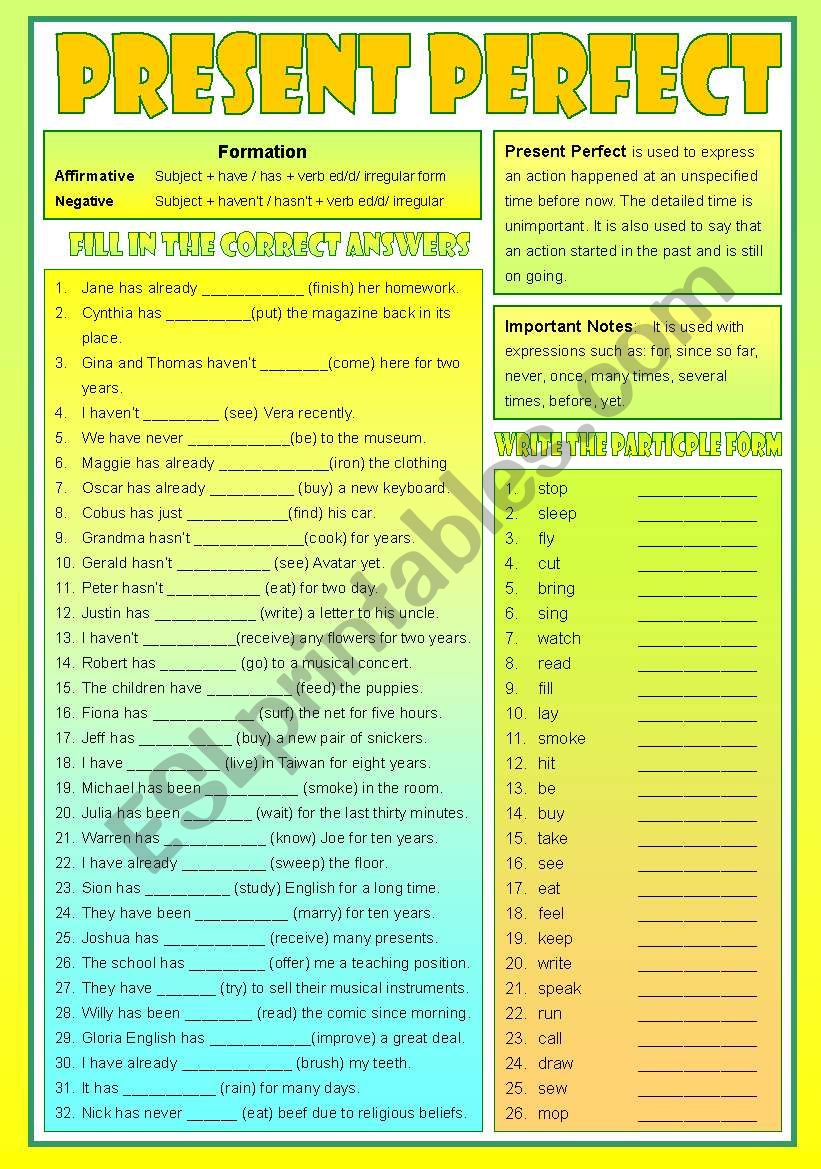 Present Perfect Tense  -  (B/W & Keys)