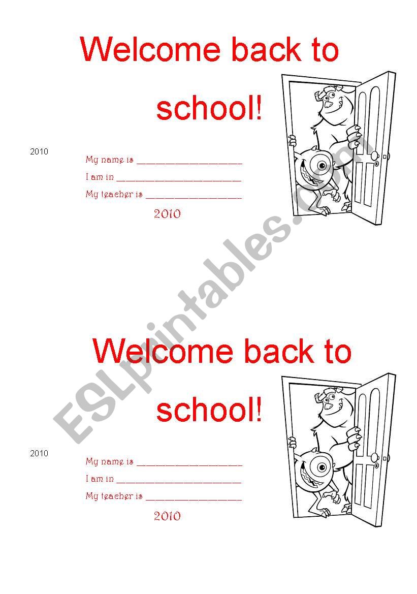 Welcome back to school card worksheet