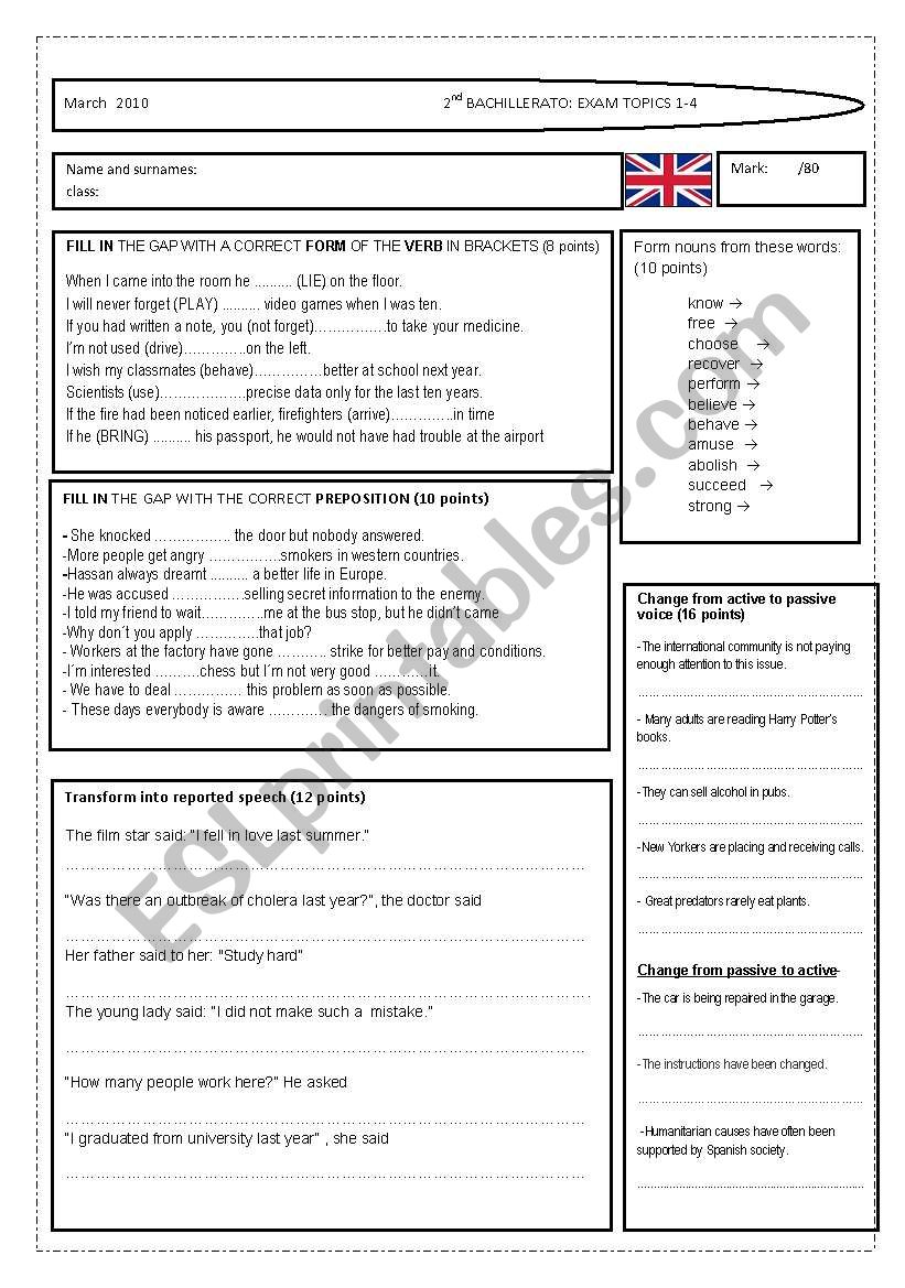 EXAM FOR INTERMEDIATE STUDENTS (2 pages)