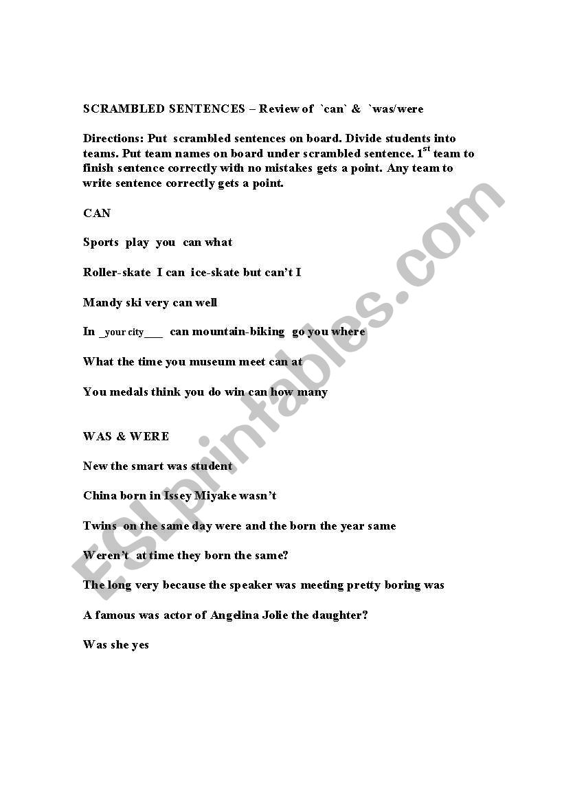 Can,Was, Were Usage - Scrambled sentences
