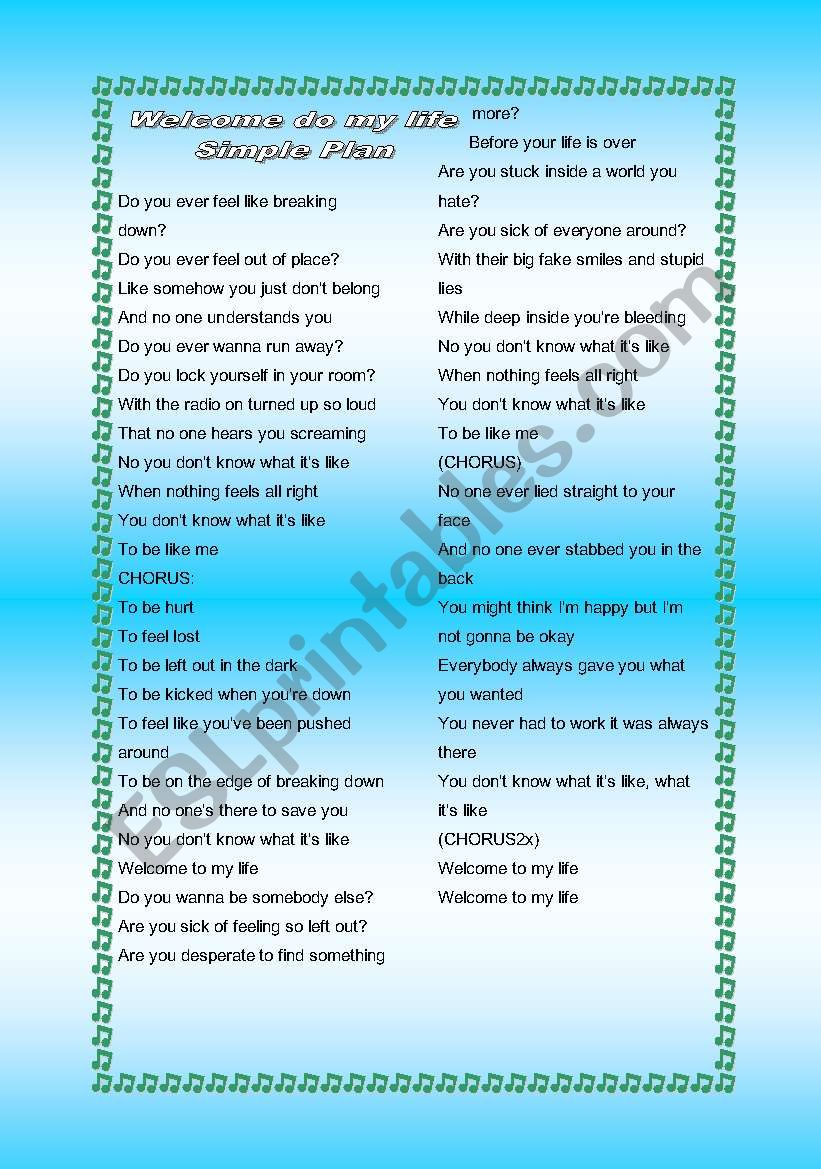 Song - Welcome to my life worksheet