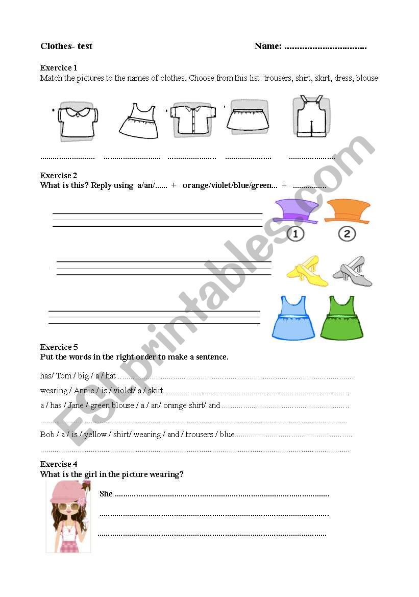 Clothes - test worksheet