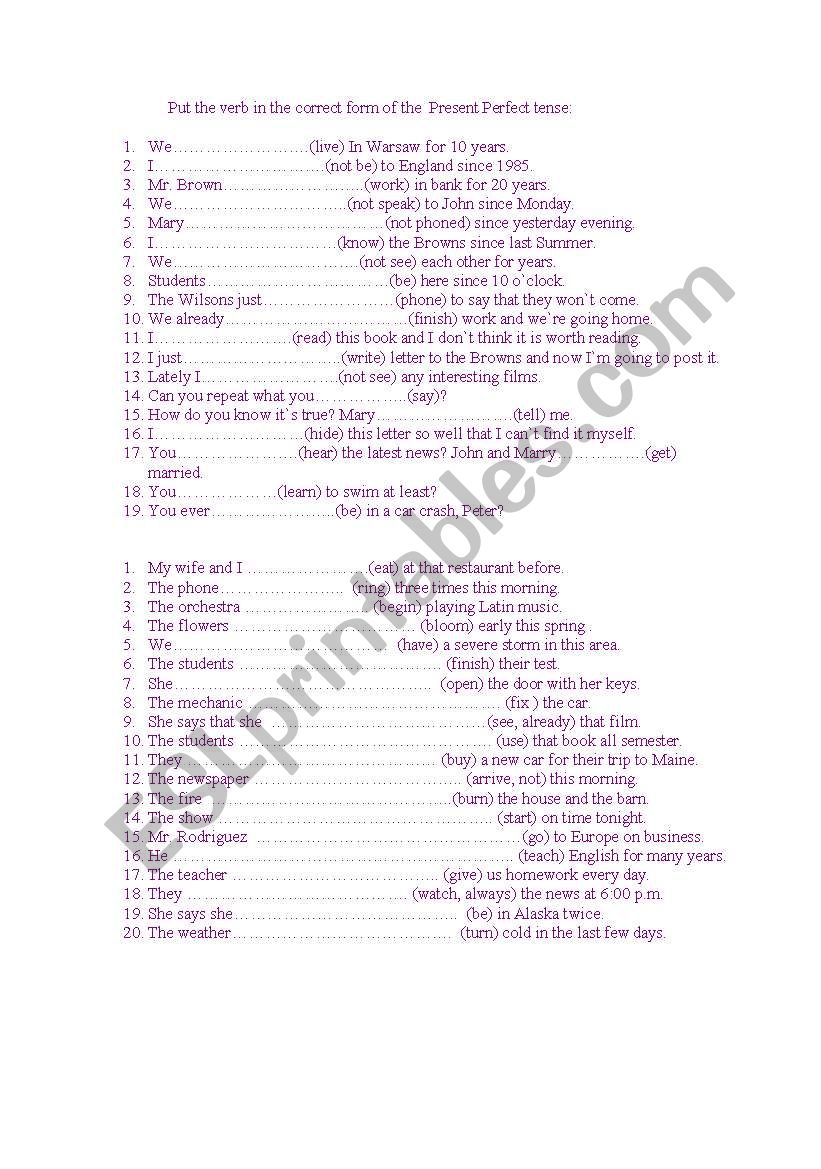 Present perfect tense worksheet