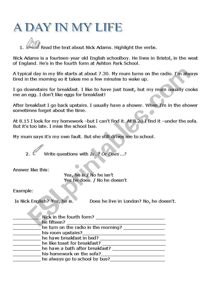 A day in my life worksheet