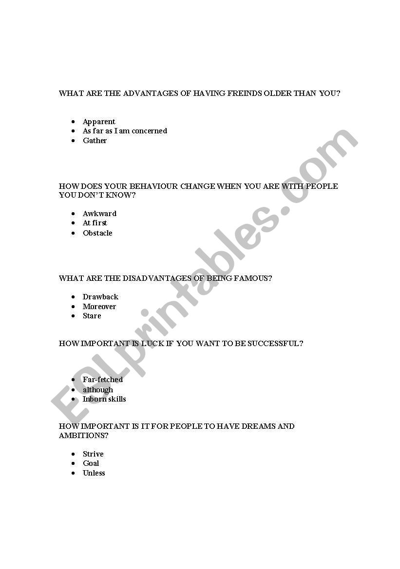 FCE Speaking prompts worksheet