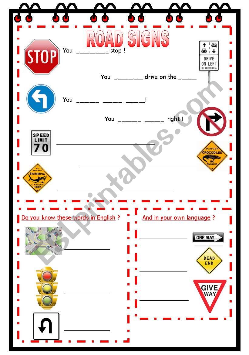 Road signs worksheet