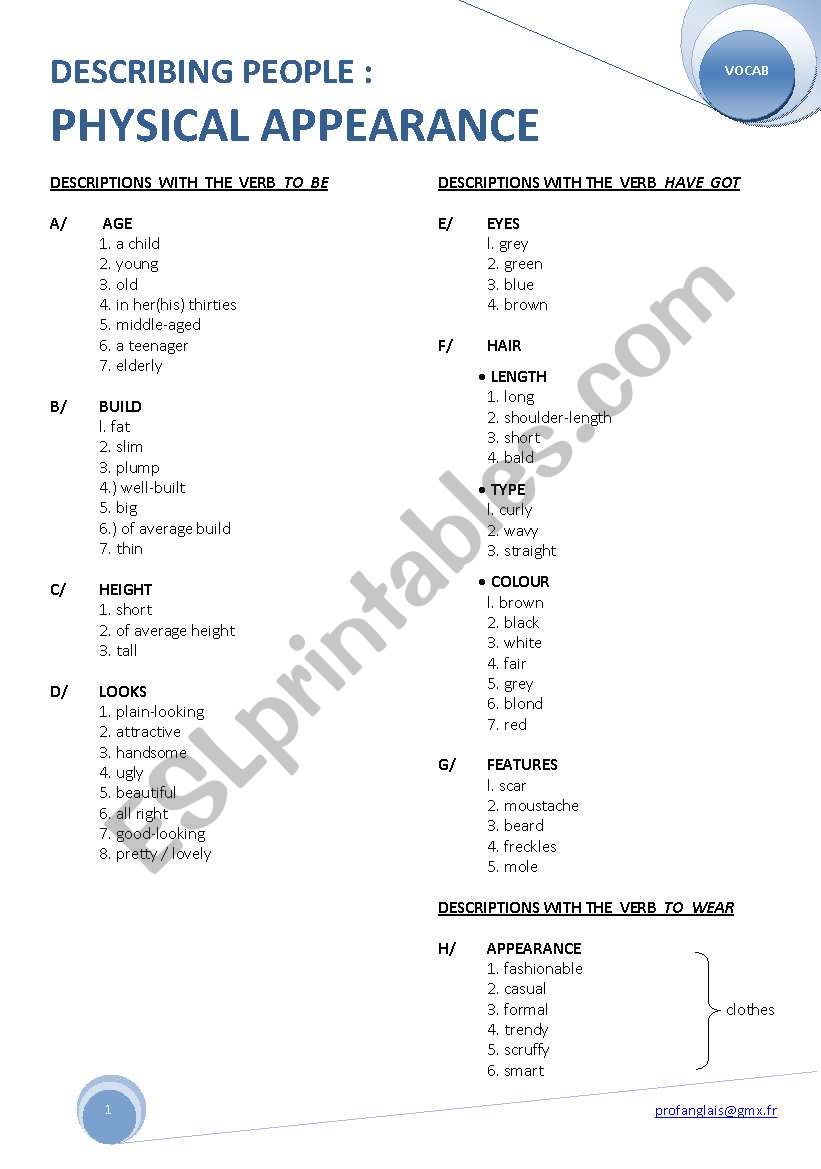 DESCRIBING PEOPLE: PHYSICAL APPEARANCE