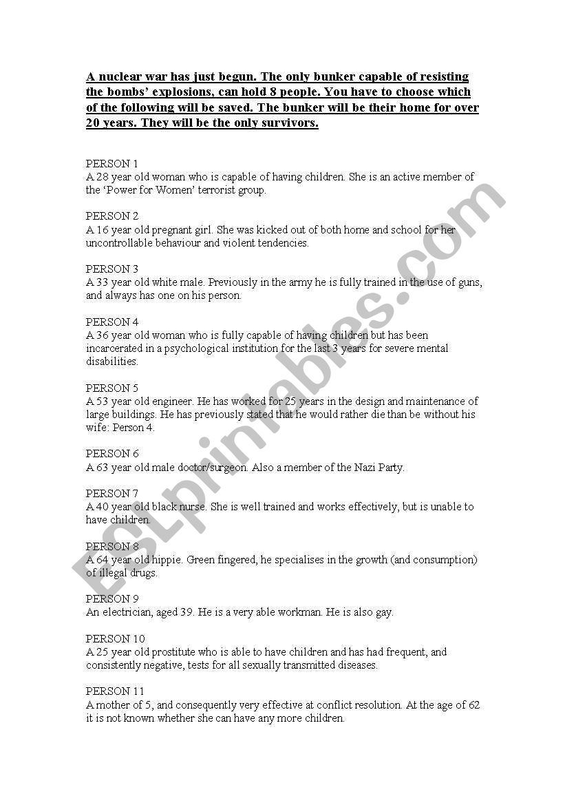 Nuclear Holocaust worksheet