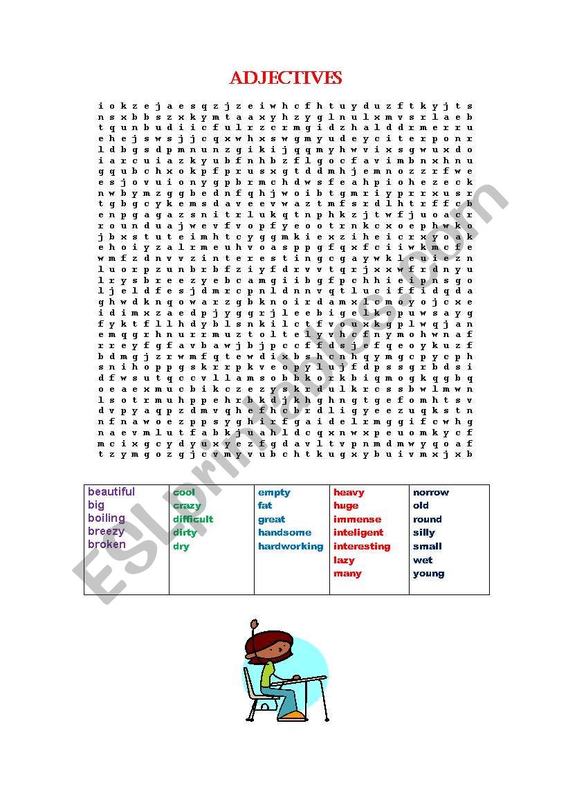 word search adjectives worksheet