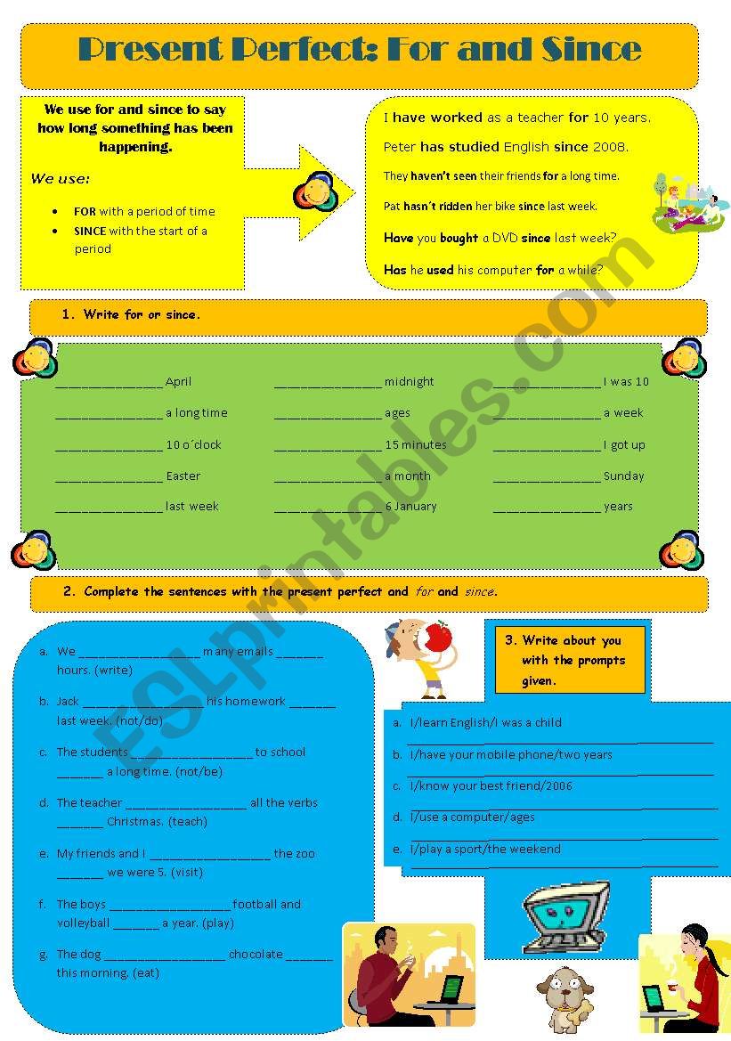 Present Perfect: For and Since + Greyscale + Answer key