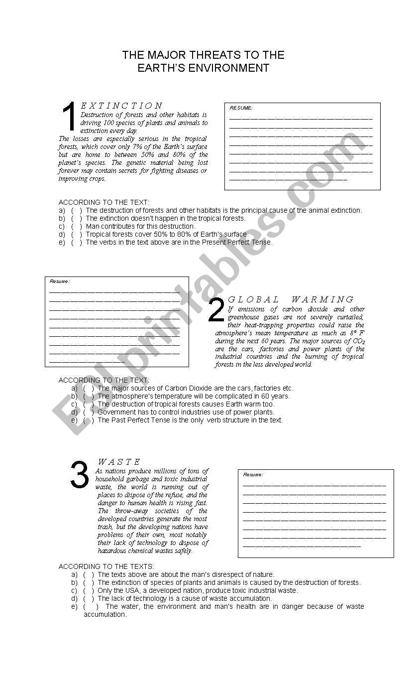 Threats to the environment worksheet