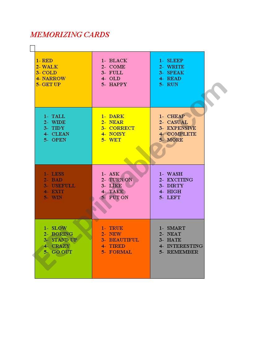 MEMORIZING CARDS worksheet