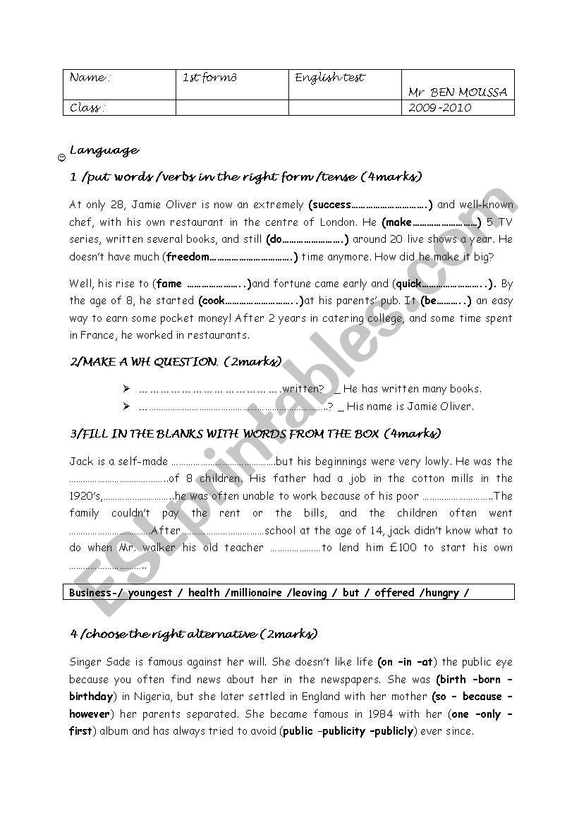 an english test for 1 st year  secondary pupils