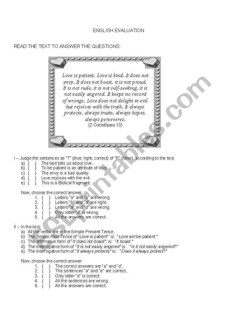Corinthians 13 worksheet