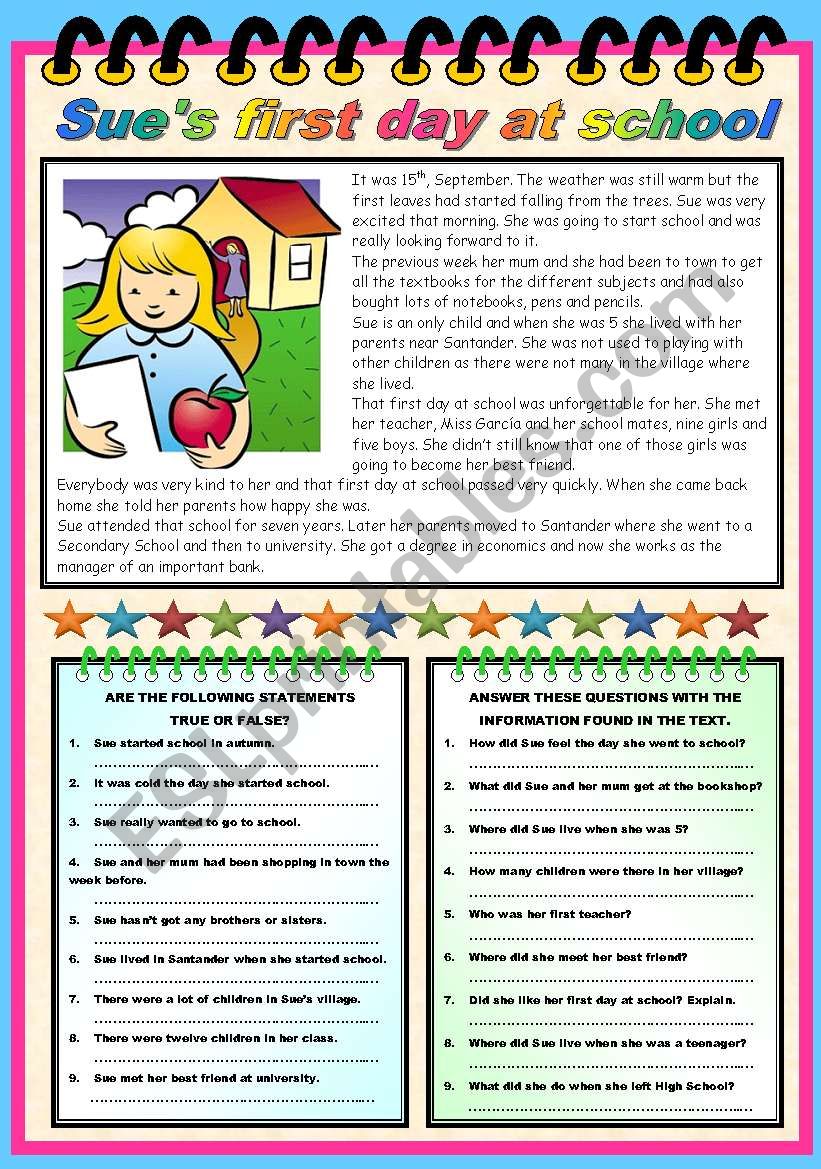 SUES FIRST DAY AT SCHOOL - READING AND COMPREHENSION (B&W VERSION AND KEY INCLUDED)