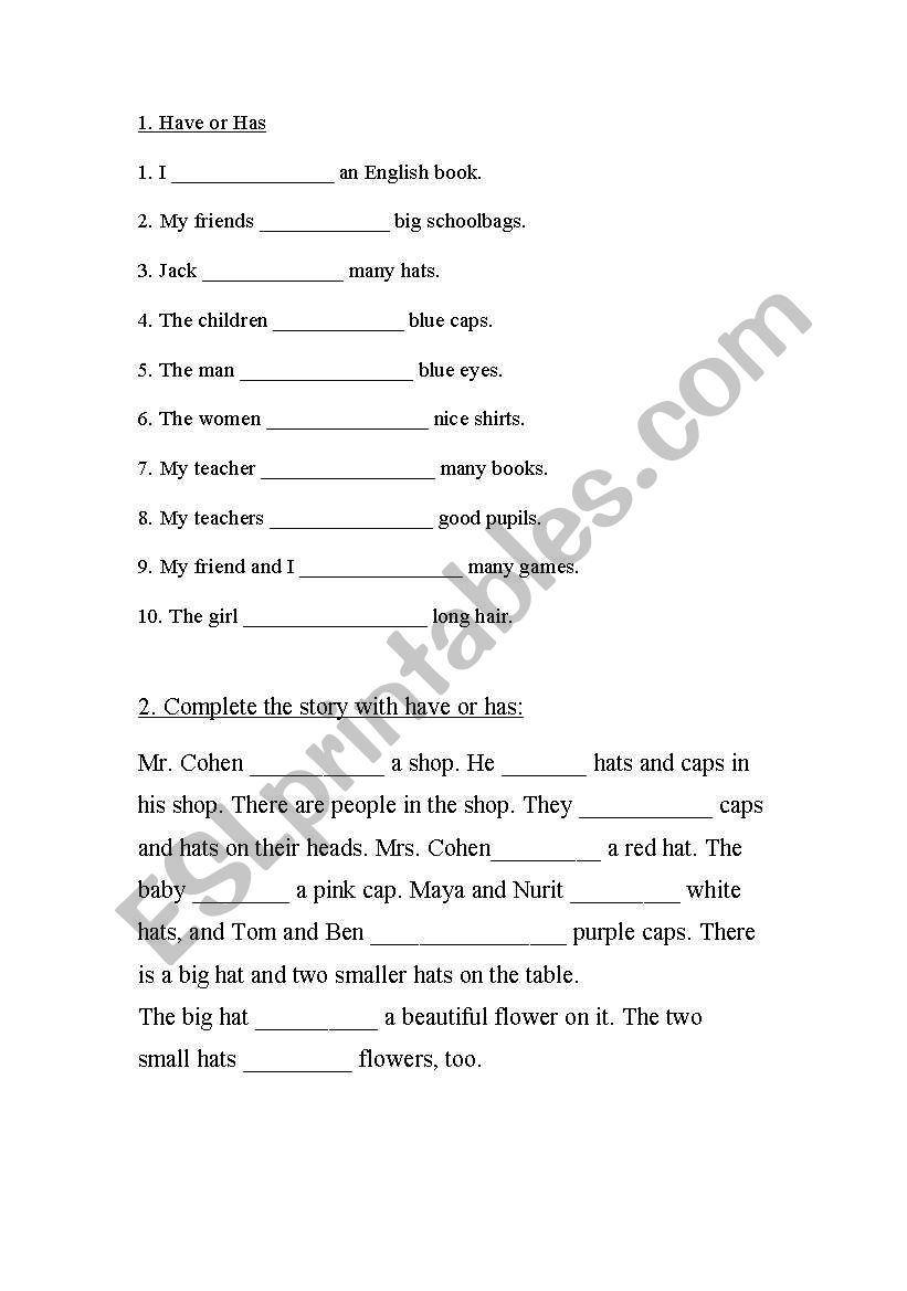 Have or Has worksheet