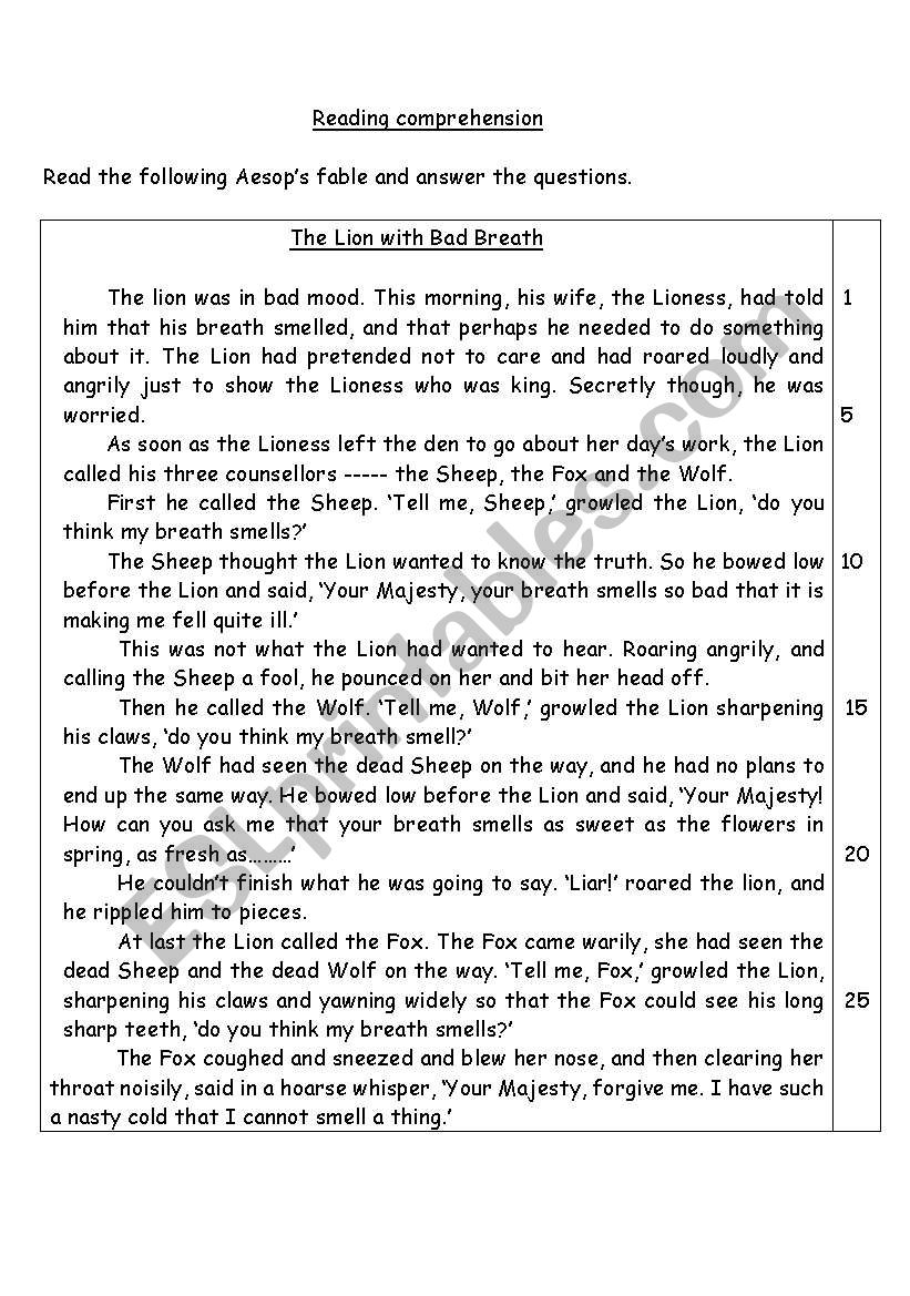 The lion with bad breath   worksheet