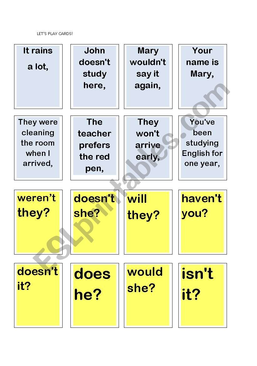 QUESTION  TAGS  GAME-CARDS worksheet