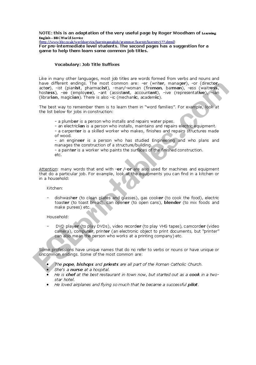 Job titles worksheet