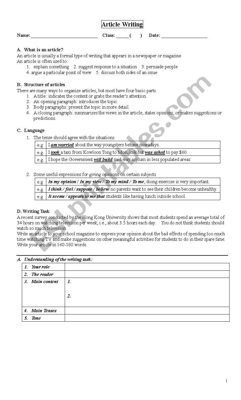 Article writing worksheet