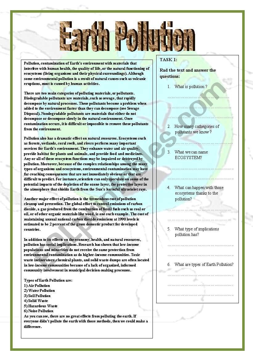 Earth pollution (3 pages) worksheet