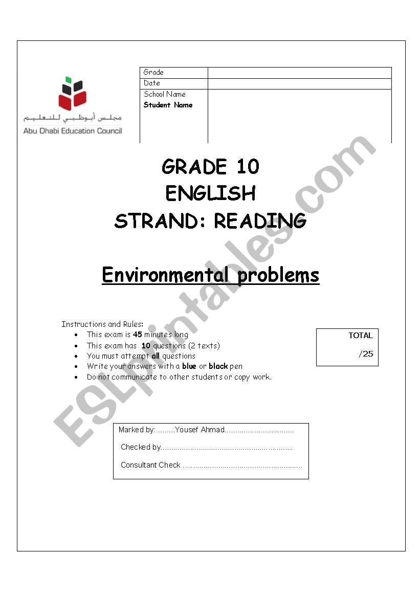 Environmental problems (Reading Comprehension Test)