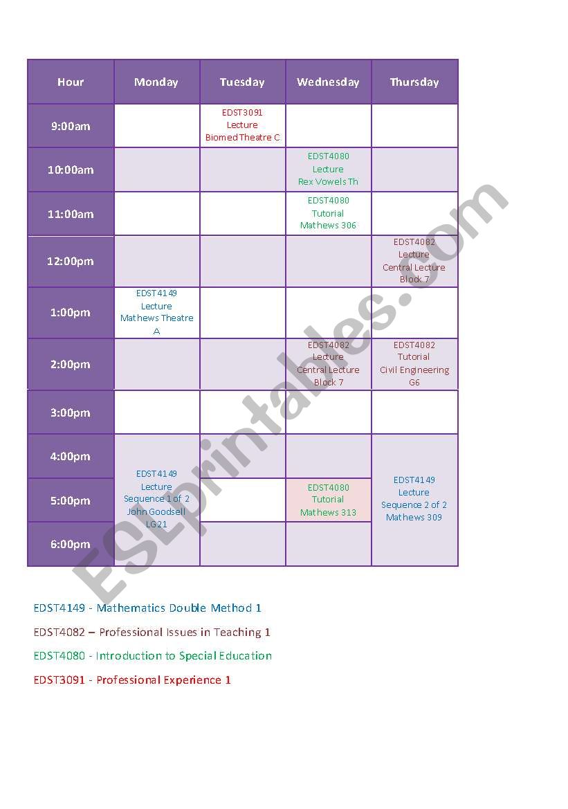 timetable worksheet