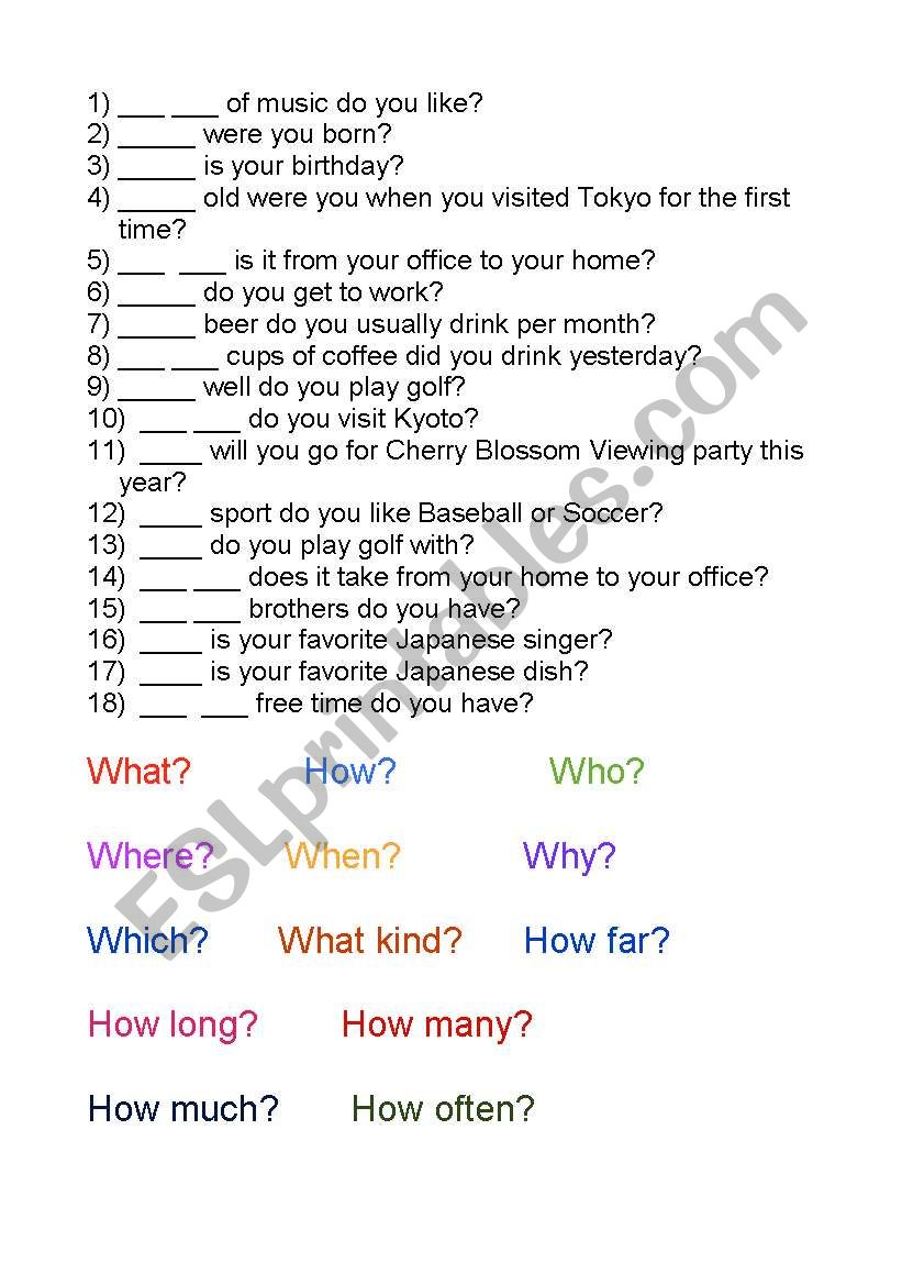 English Question words activity sheet