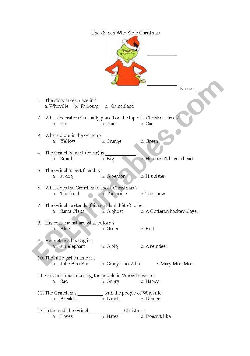 Grinch Who Stole Christmas questionnaire ESL worksheet by tcullum