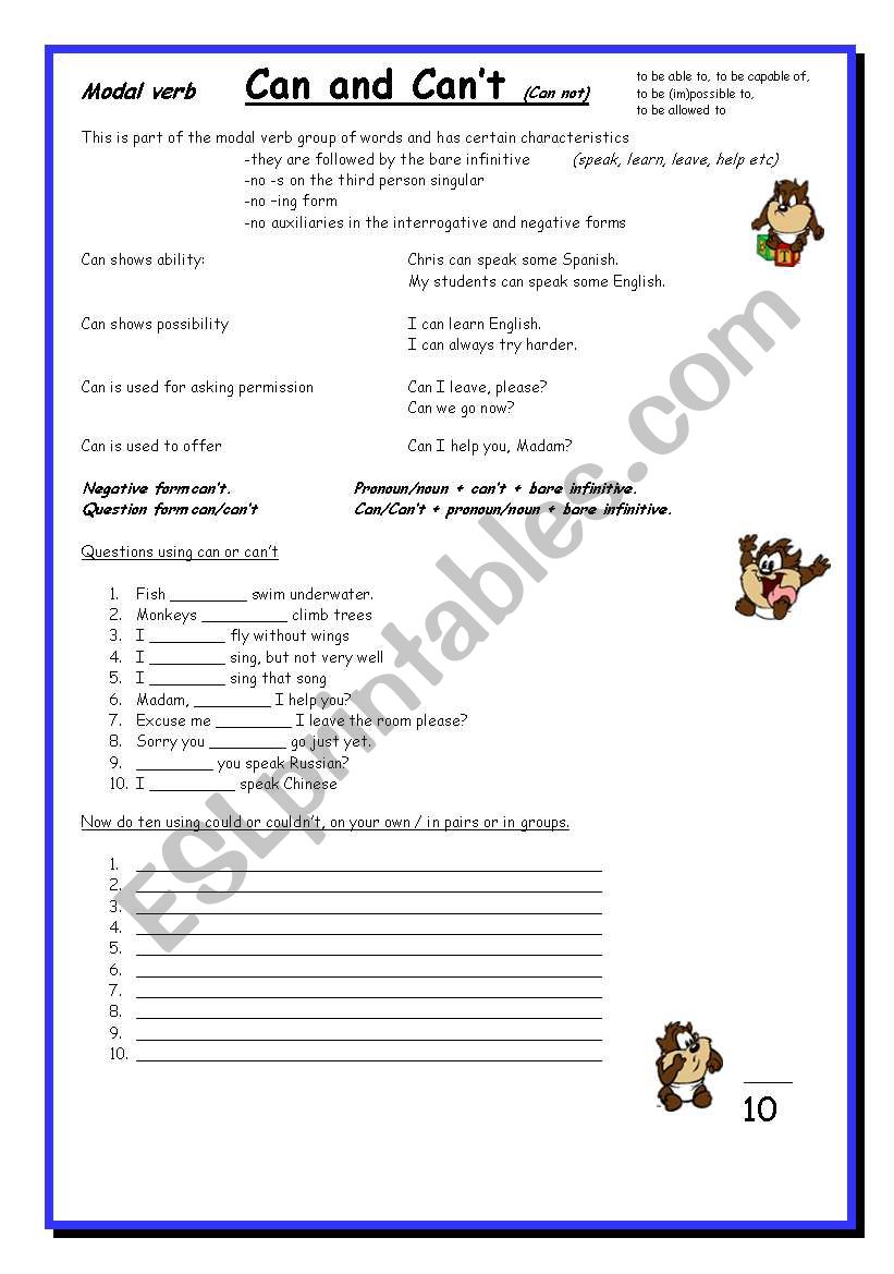 Can & Cant 10+ elementary, modal verb use