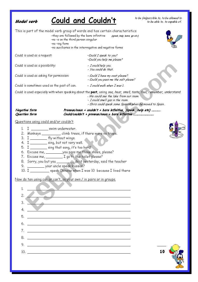 Could and couldnt, 10+ Elementary, use of modal verb 