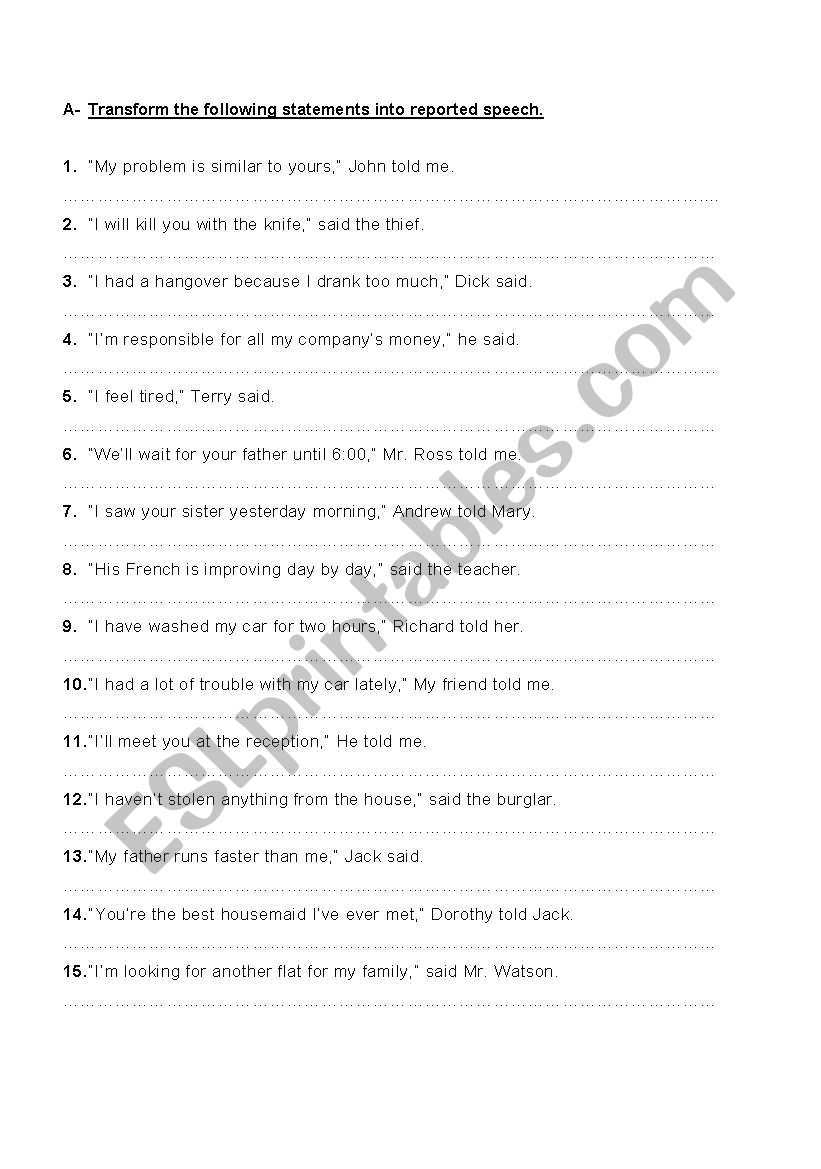 Worsheet for Reported Speech with answer key