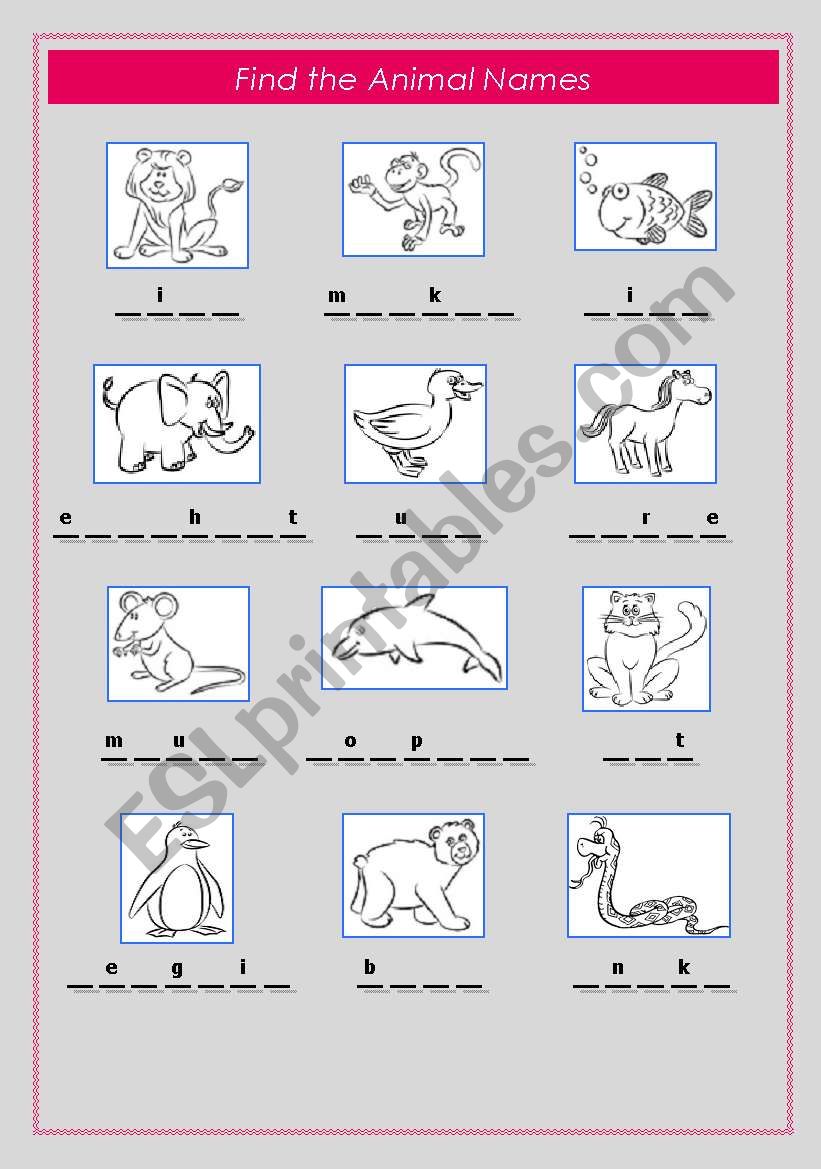 Find the animal names worksheet